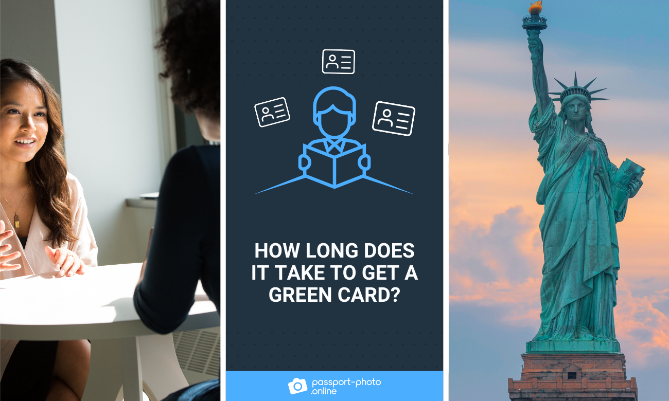 A young woman with dark long hair is discussing Green Card processing times in an office; the Statue of Liberty at sunset.