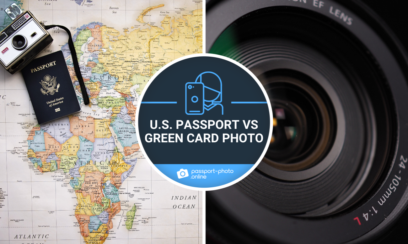 A passport and an old camera on a world map and a closeup of a modern camera lens.