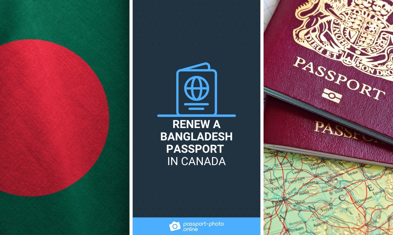 Bangladesh flag, passport book atop a map, text: renew a Bangladesh passport in Canada