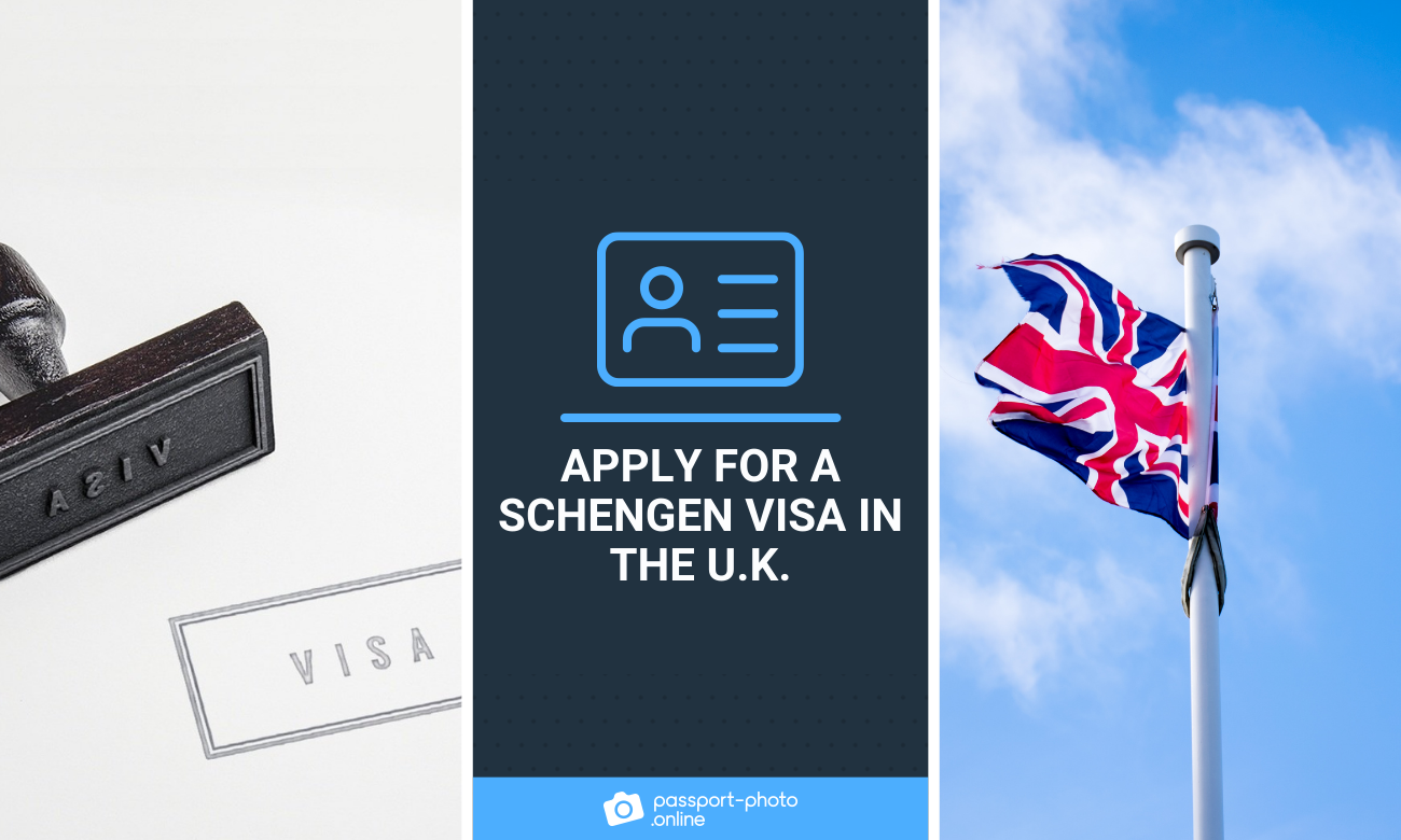 a visa stamp on a white sheet and a flag of the U.K. on a sunny day.