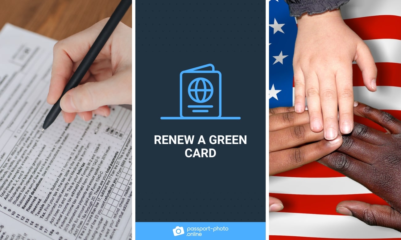 Someone filling out an USCIS renew Green Card application form and the hands of three people of different races on a U.S. flag.