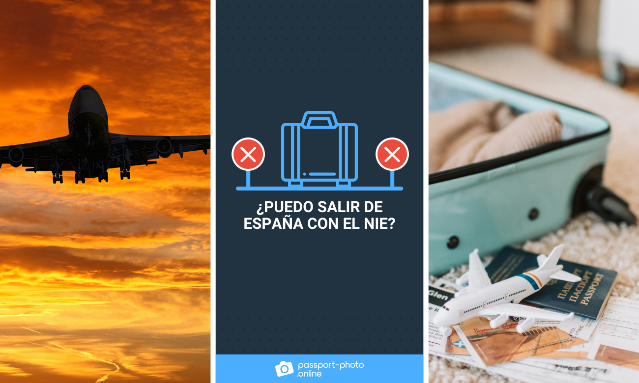 Un avión en pleno vuelo durante el atardecer y una maleta color celeste junto a unos documentos y un avión de juguete.