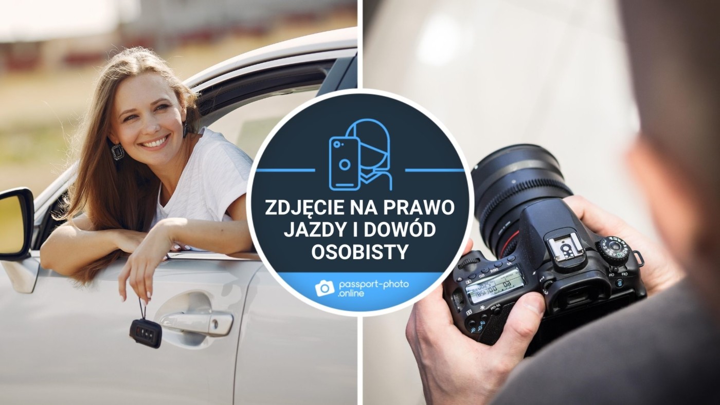 kobieta wychylająca się z białego samochodu oraz osoba z aparatem fotograficznym w rękach oraz podpis "Zdjęcie na prawo jazdy i dowód osobisty"