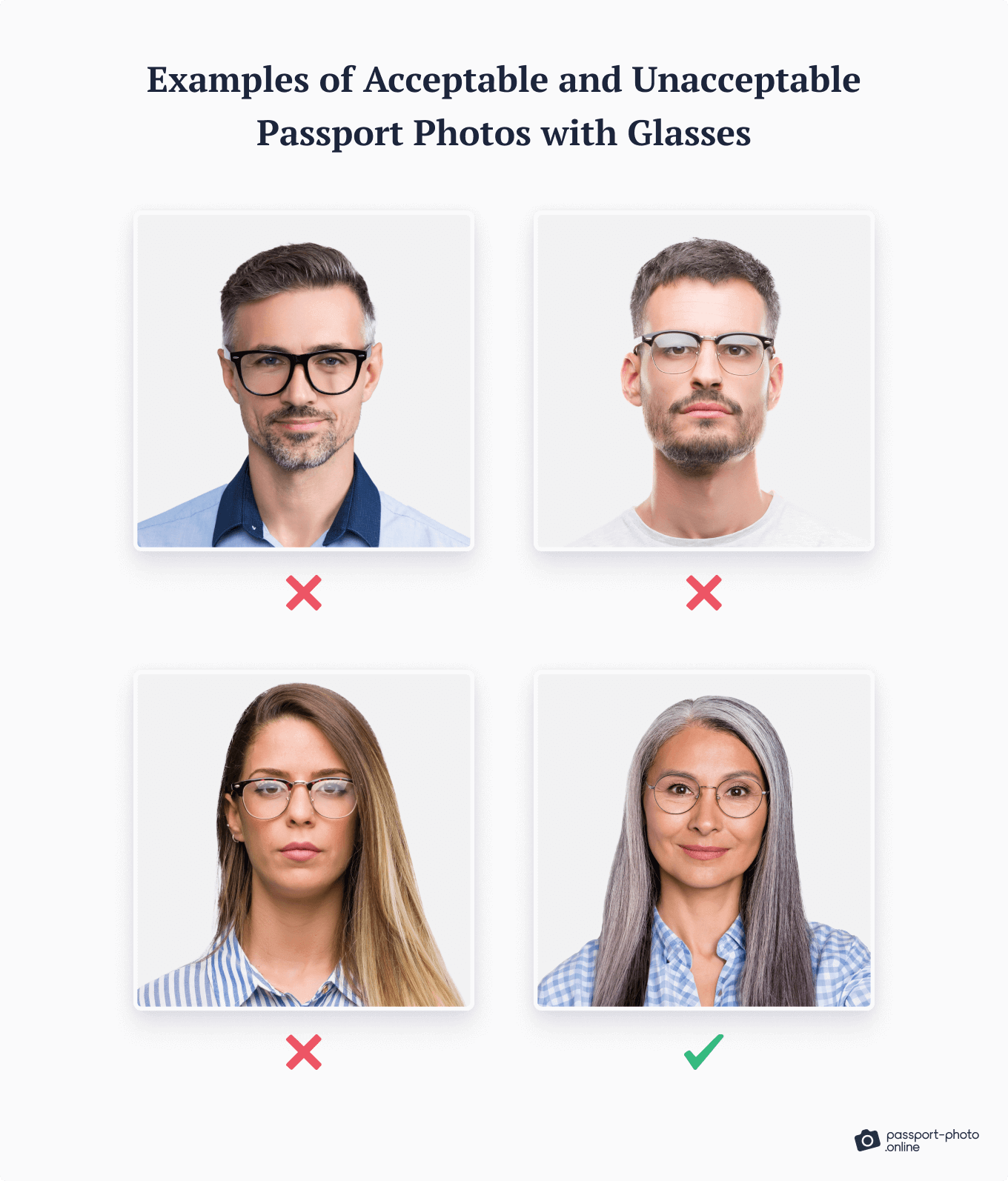 Passport photo glasses: examples.