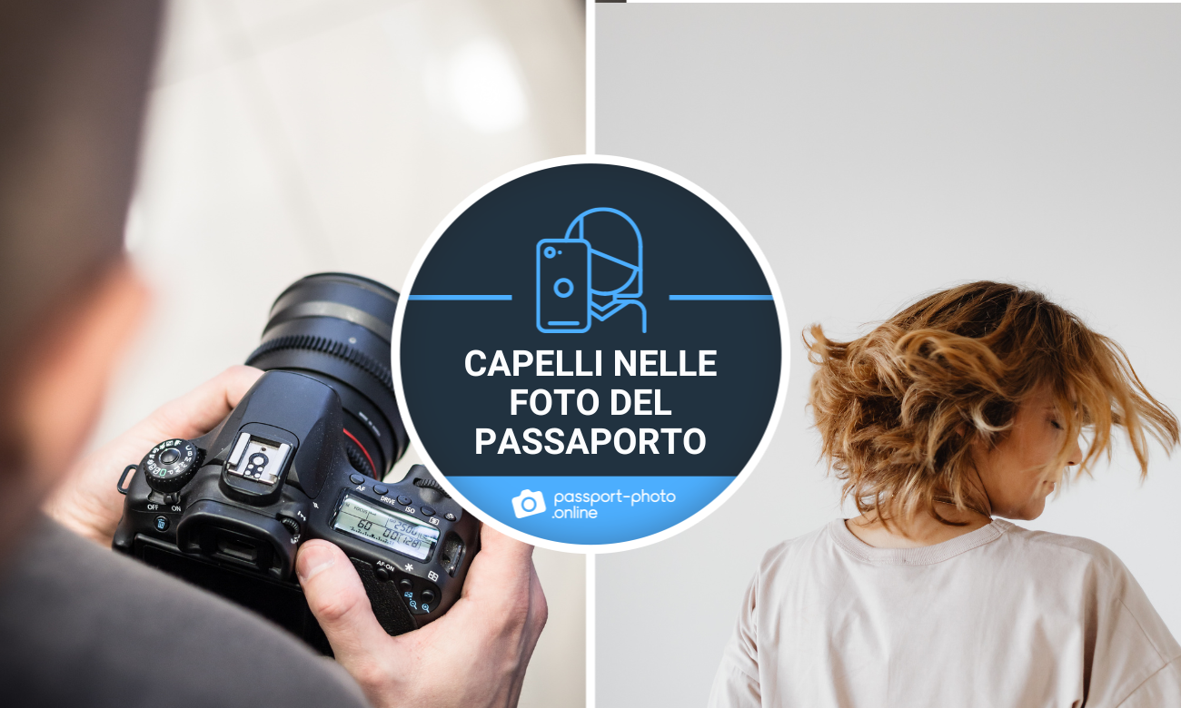 un fotografo che scatta una foto per passaporto e una donna che agita i capelli.