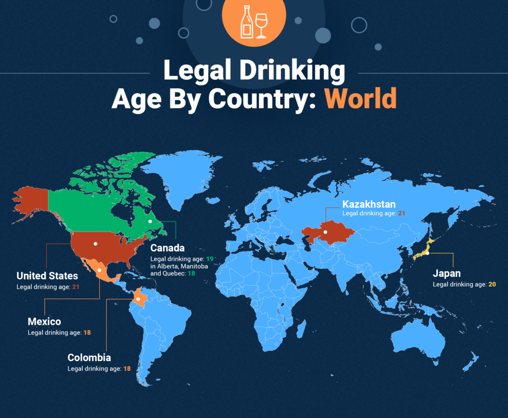 Map of World categorizing countries by drinking age.