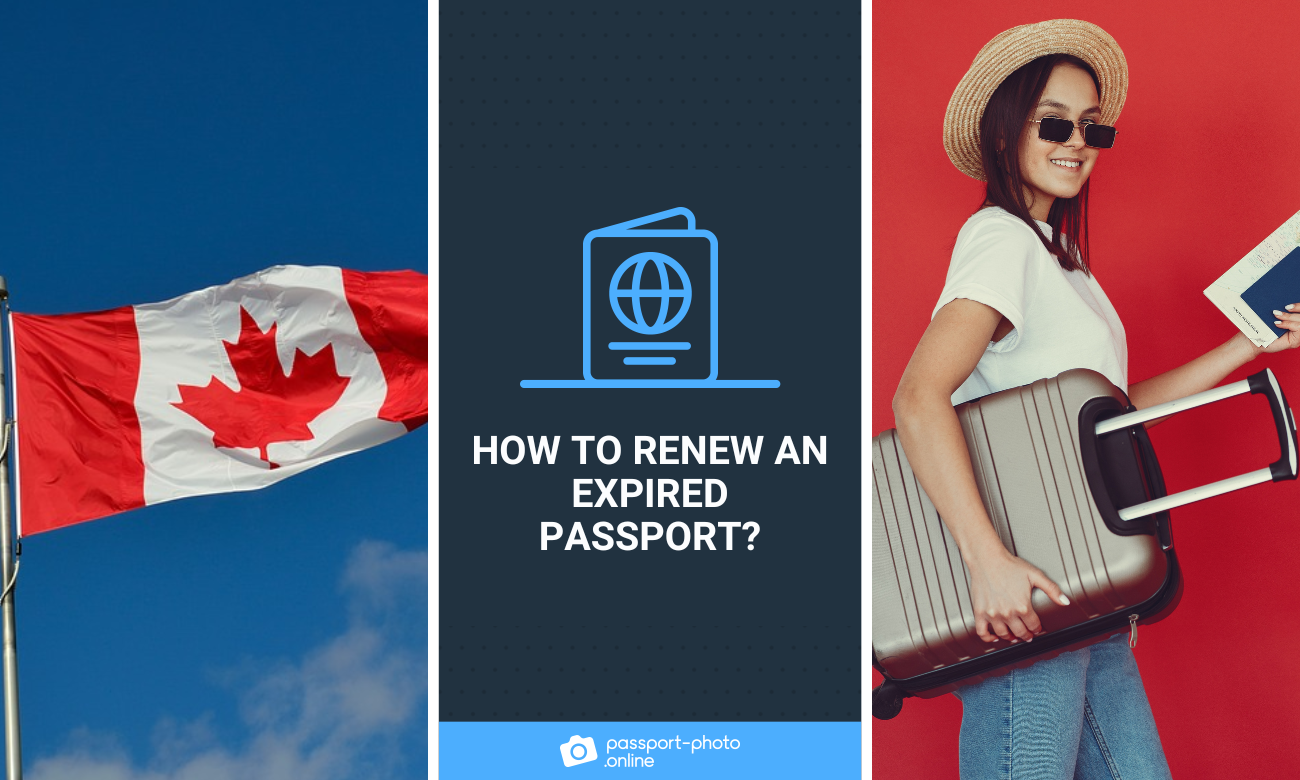A Canadian flag on the left waving in the sky. On the right, a woman wearing a hat holds a suitcase and passport.