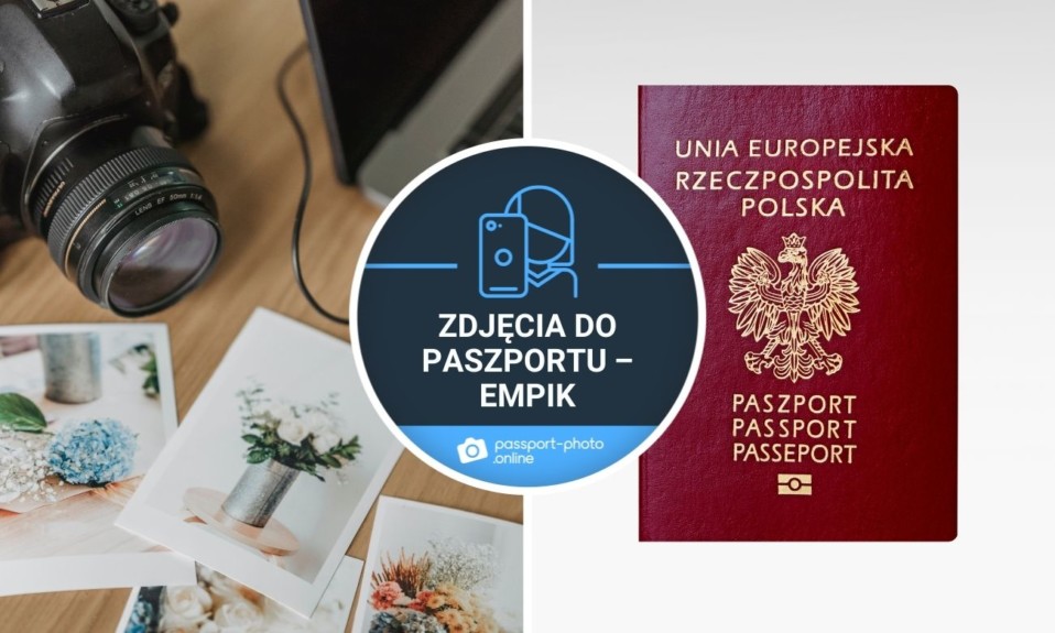 Wydrukowane fotografie leżące na biurku oraz obiektyw aparatu fotograficznego oraz część laptopa oraz polski paszport.
