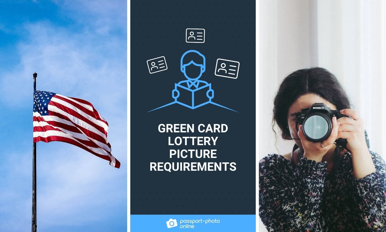 US flag and blue sky, and woman taking photo with camera, and inscription "Green Card Lottery Picture Requirements"