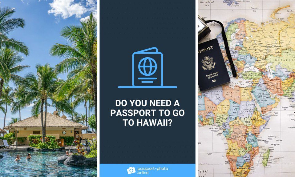 a resort with palm trees in Hawaii and a U.S. passport on a map of the world