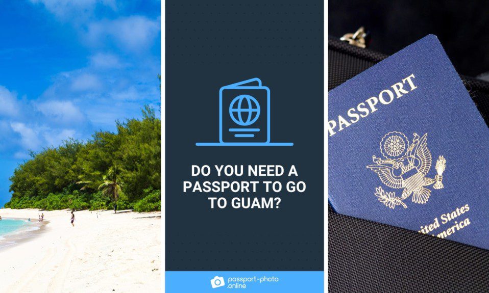 A beach in Guam on a sunny day and a U.S. passport in a bag.