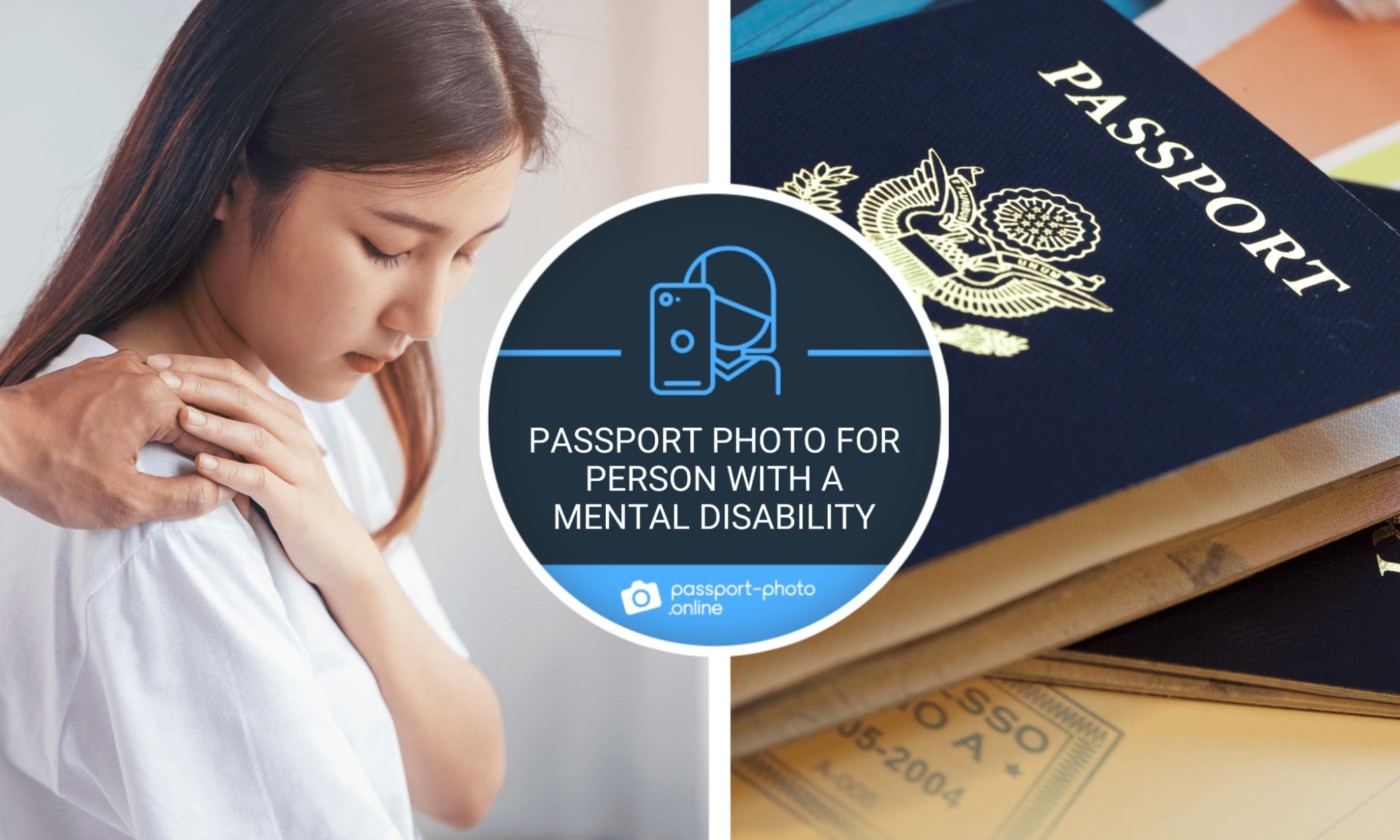 Man consoling a sad woman by putting his hand on her shoulder; U.S. passport on the right. Caption reading “Passport photo for person with a mental disability”.
