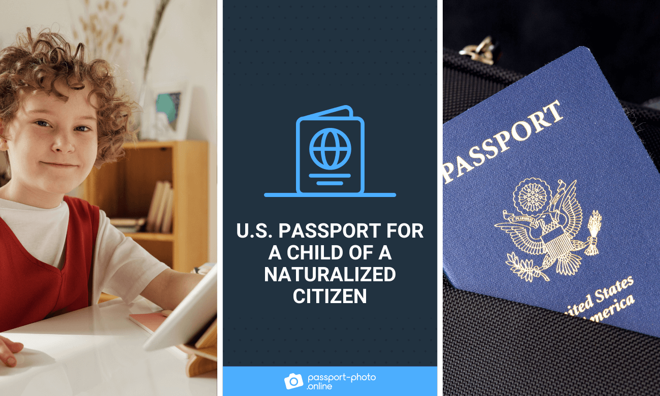 A smiling child with curly hair, wearing a white t-shirt and a red vest, and a blue U.S. passport