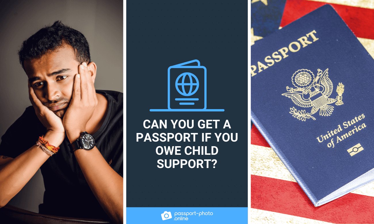A troubled, dark-skinned man, holding his face, and a U.S. passport lying on top of an American flag.