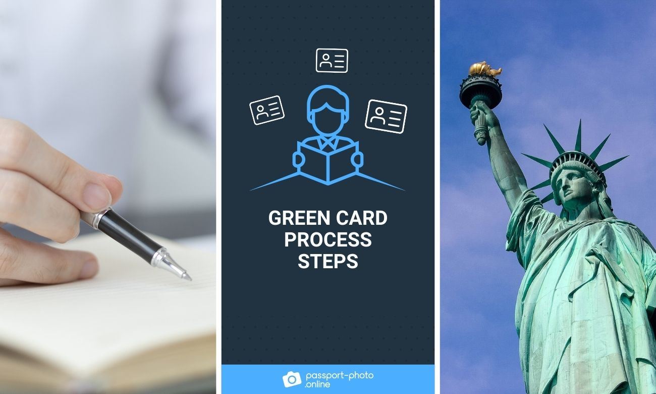 pen in someone’s hand and Statue of Liberty and inscription “Green Card Process Steps”