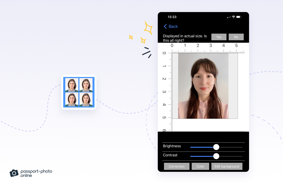 features to manually crop, remove background, and edit contrast of uploaded passport photo
