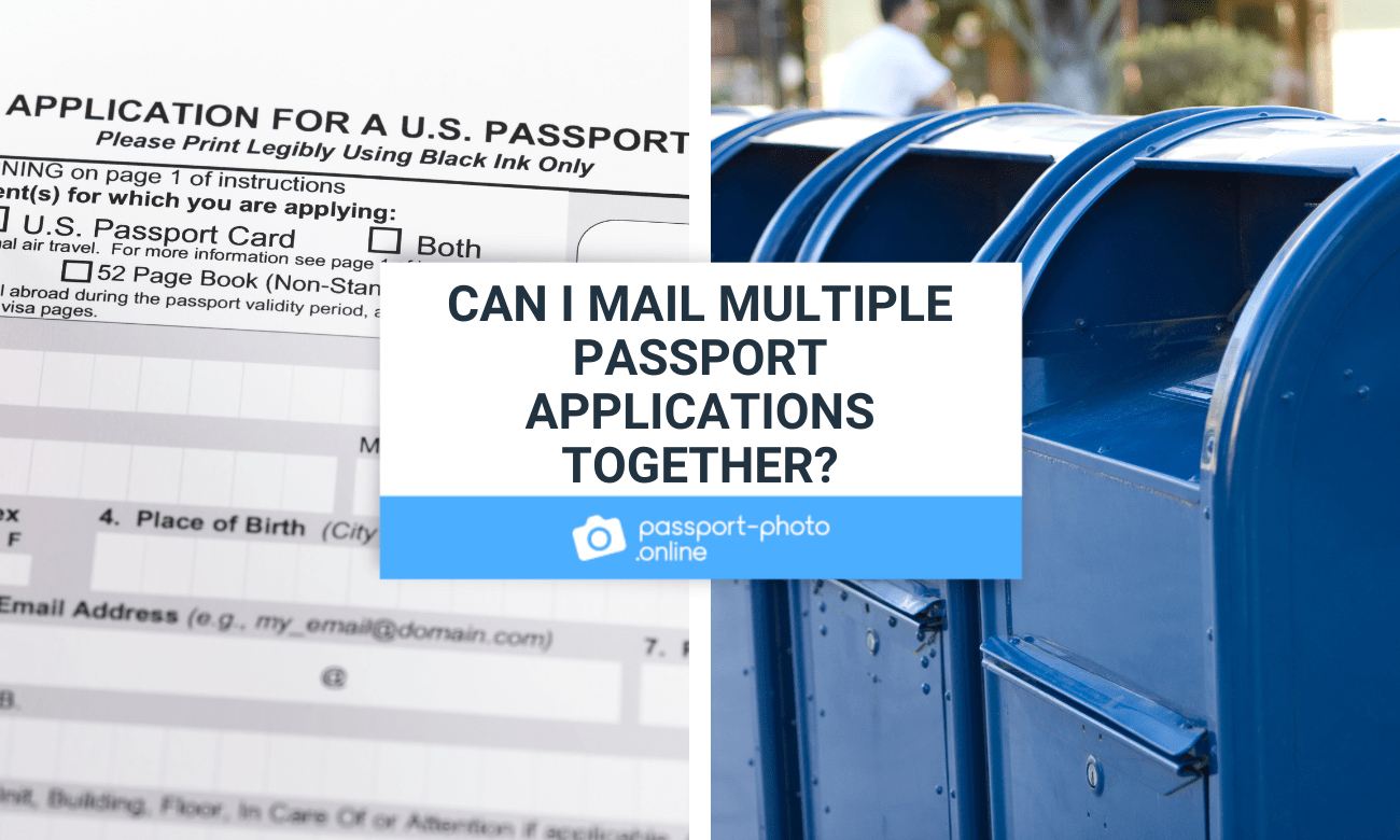 The top of a U.S. passport application with blank fields such as “Place of Birth” and “ Email Address”; blue USPS mail collection boxes standing next to each other in a row.