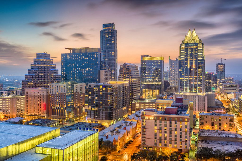 Austin, Texas, USA downtown cityscape at dusk.