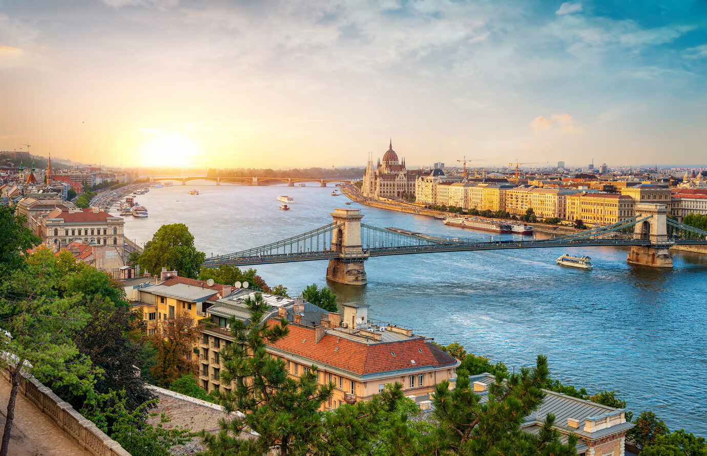 View of Budapest landmarks at beautiful sunset