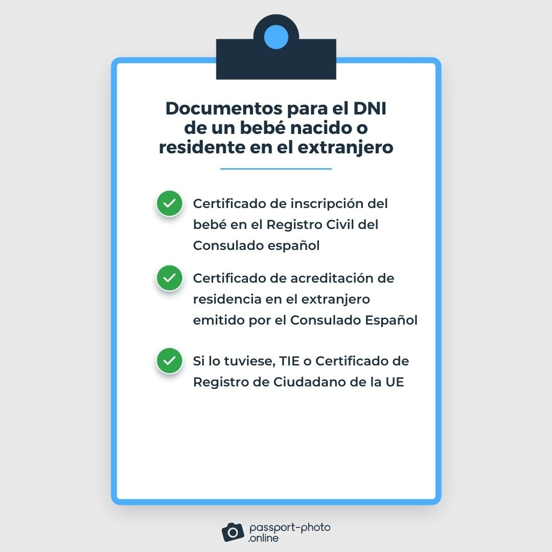 Gráfica con la lista de documentos para el DNI de un bebé nacido o residente en el extranjero.
