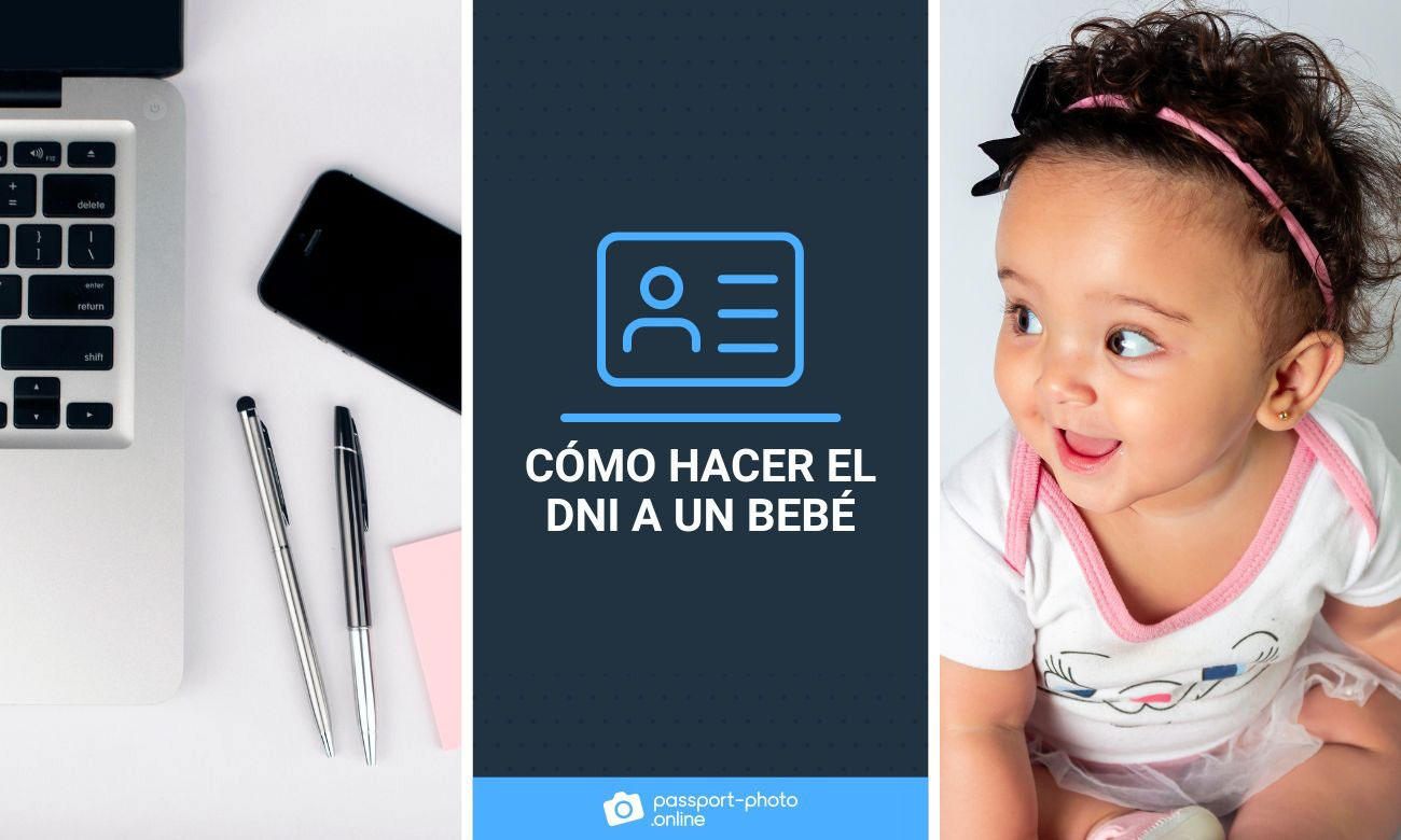 Un portátil, un móvil y dos bolígrafos encima de una mesa de escritorio blanca. Un bebé sonríe vestido de blanco y detalles en color rosa.
