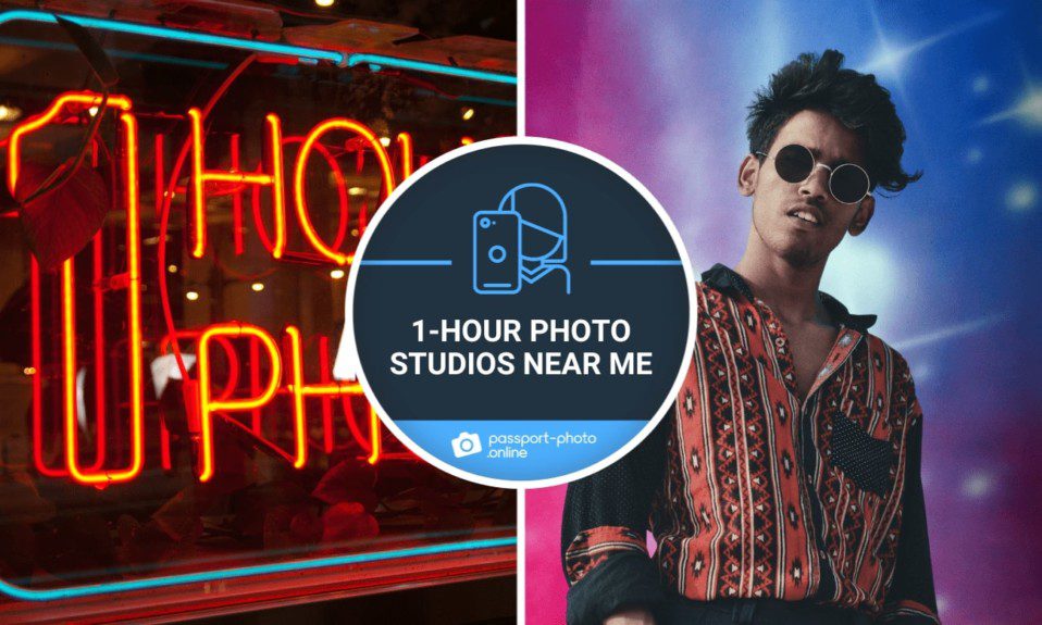 An orange neon sign reading “1 Hour Photo” on the left; photo of a young man wearing 90s-style glasses and shirt, standing against an airbrush-painted backdrop.