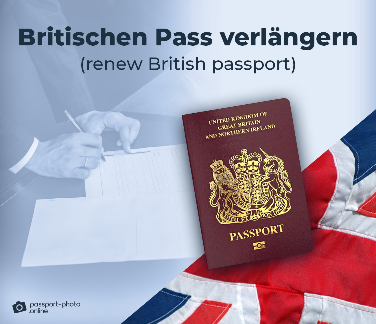 Britischer Pass, Formulare zum Ausfüllen und die britische Flagge.