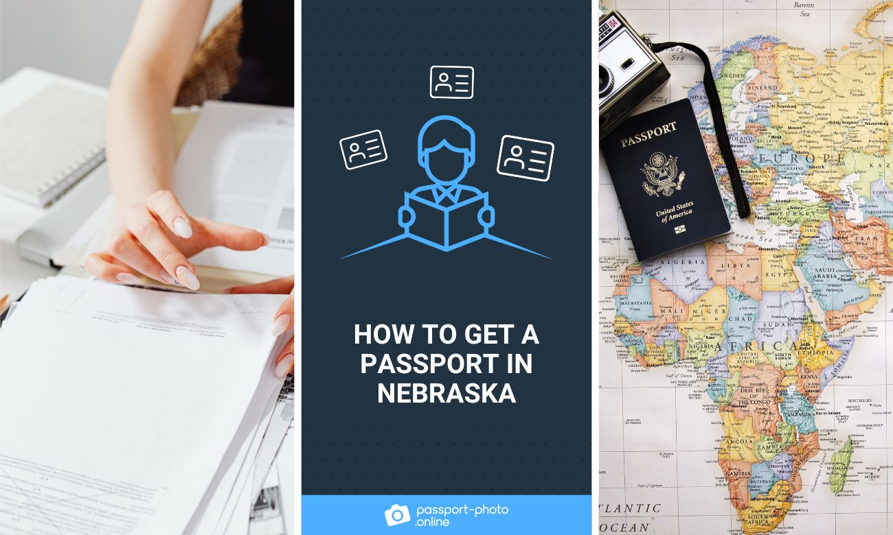 A woman completing a passport application in Nebraska and a U.S. passport on a world map.