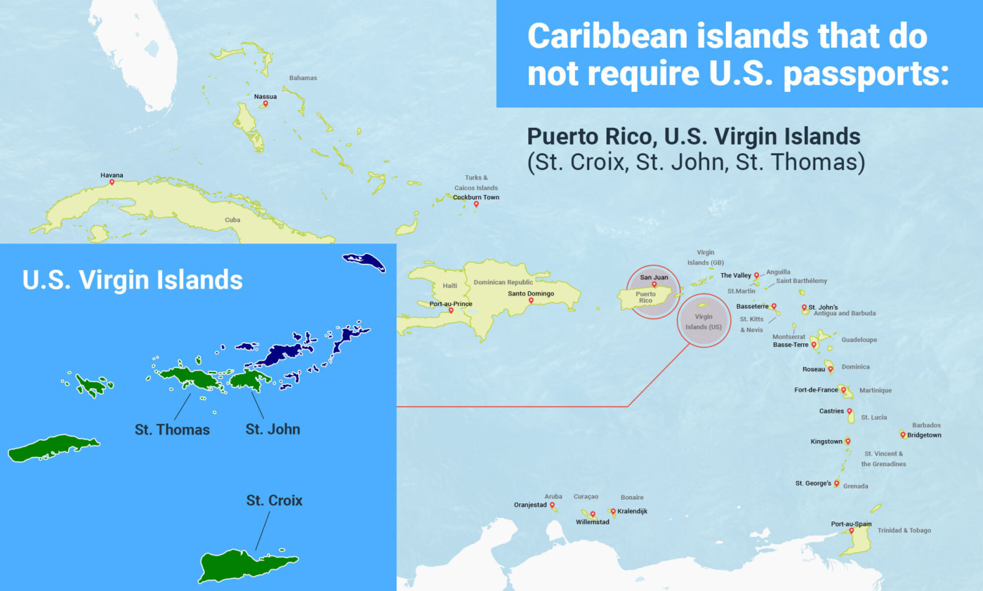 a map that shows the U.S. territories in the Caribbean for which American citizens don’t need passport books