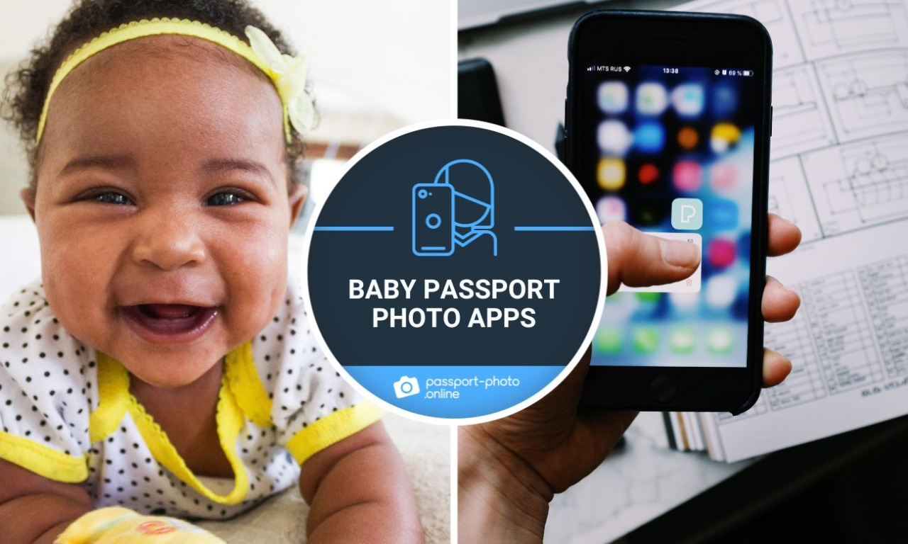 a smiling dark-skinned baby girl looking directly at the camera, a hand with a mobile phone choosing a baby passport photo app