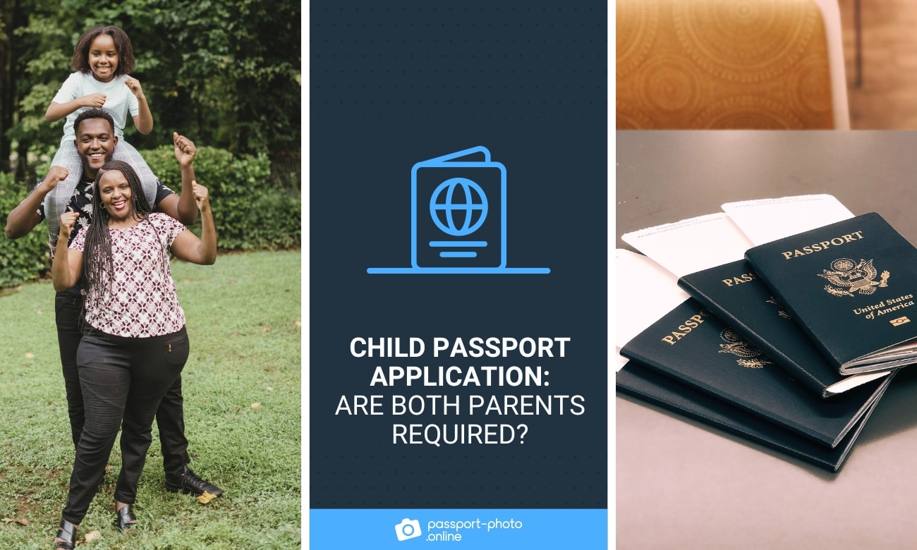 Family of one child and two parents in a garden, a set of U.S. passport books on top of each other.