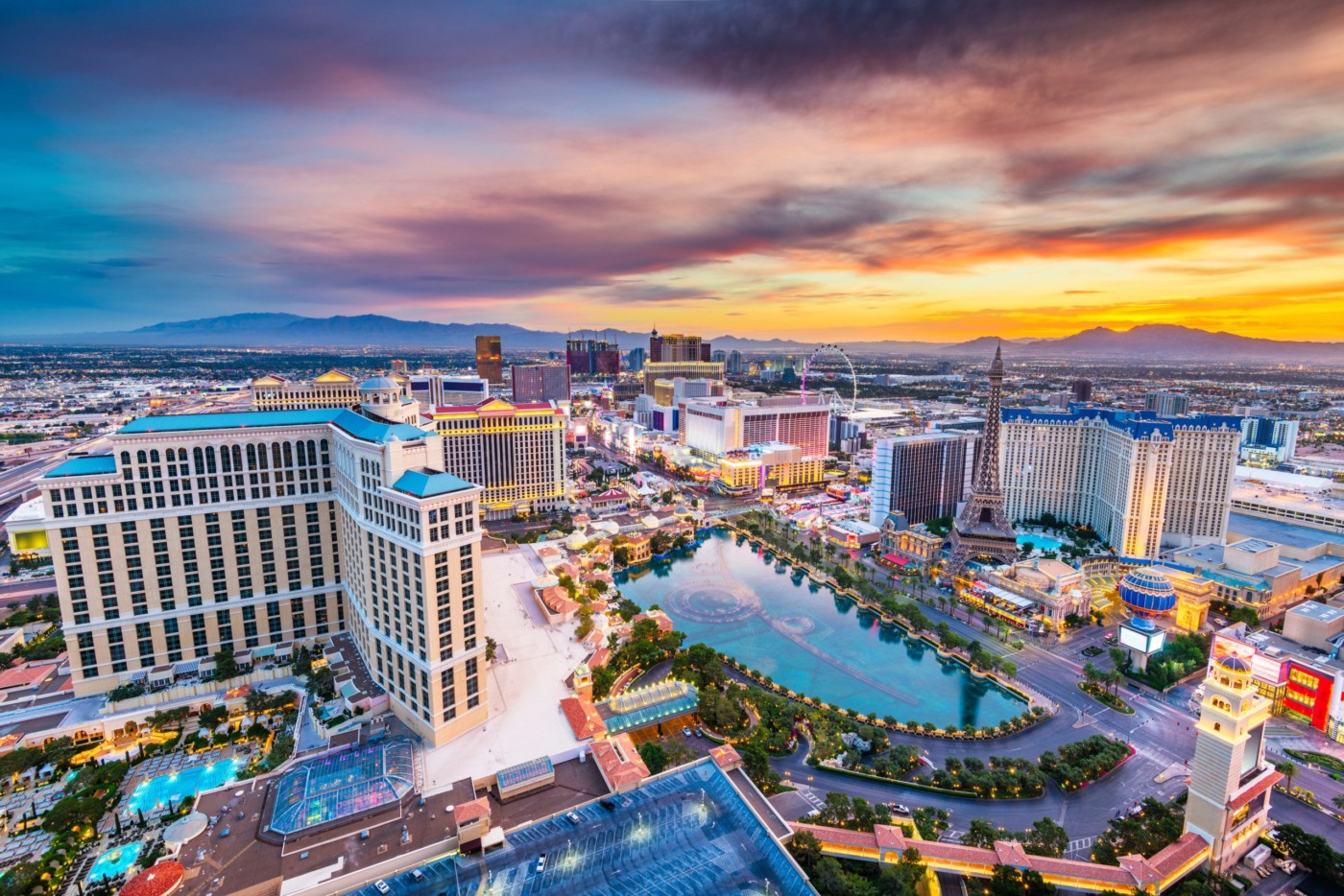 Las Vegas, Nevada, USA skyline over the strip at dusk.