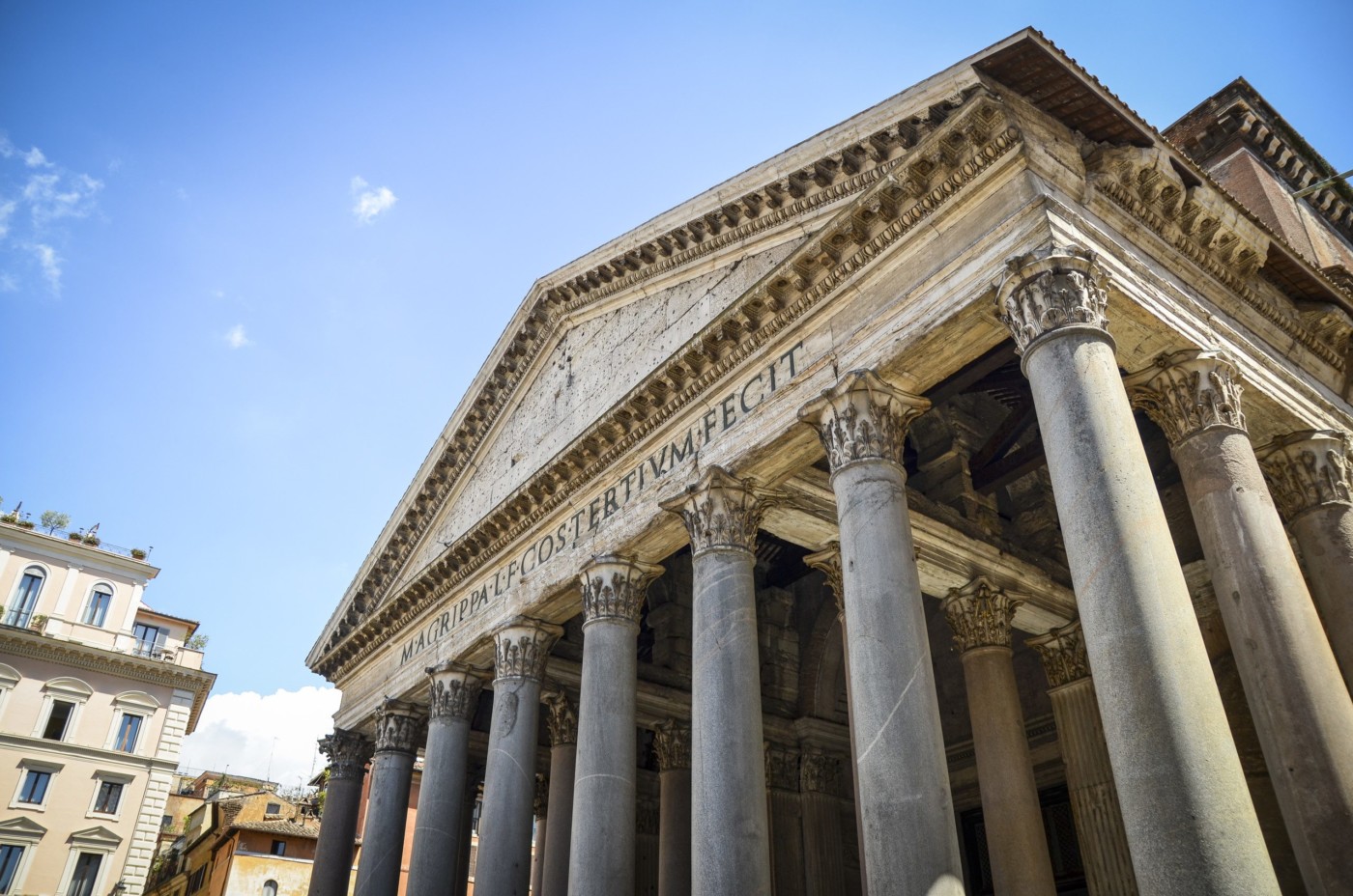 Low angle view of portico of the Pantheon in Rome, Italy.