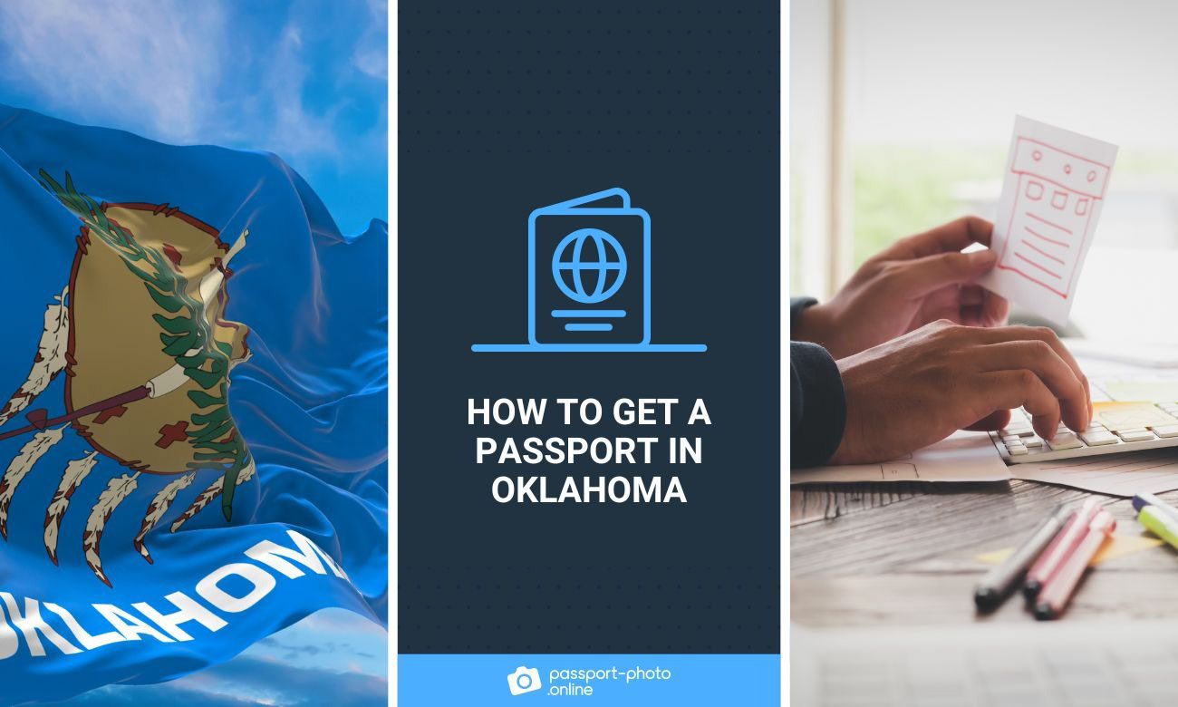 The flag of Oklahoma on a sunny day and a man filling out a passport application Oklahoma.