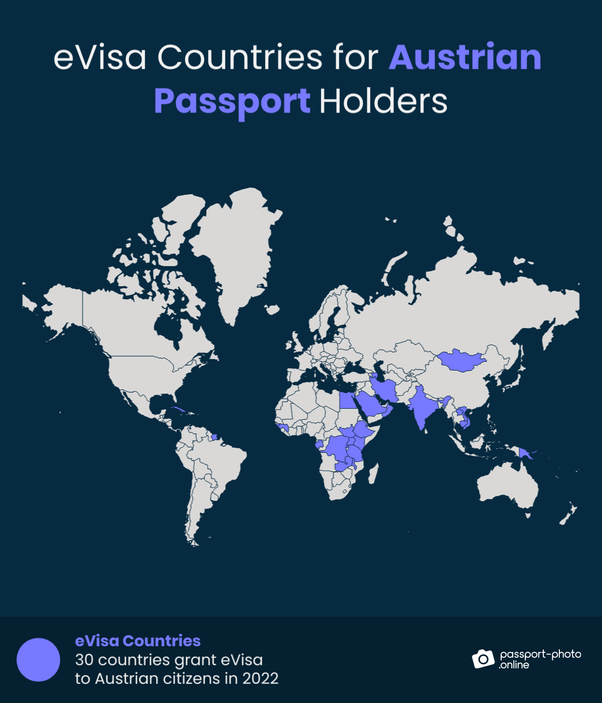 Map of countries Austrian citizens can visit with an eVisa