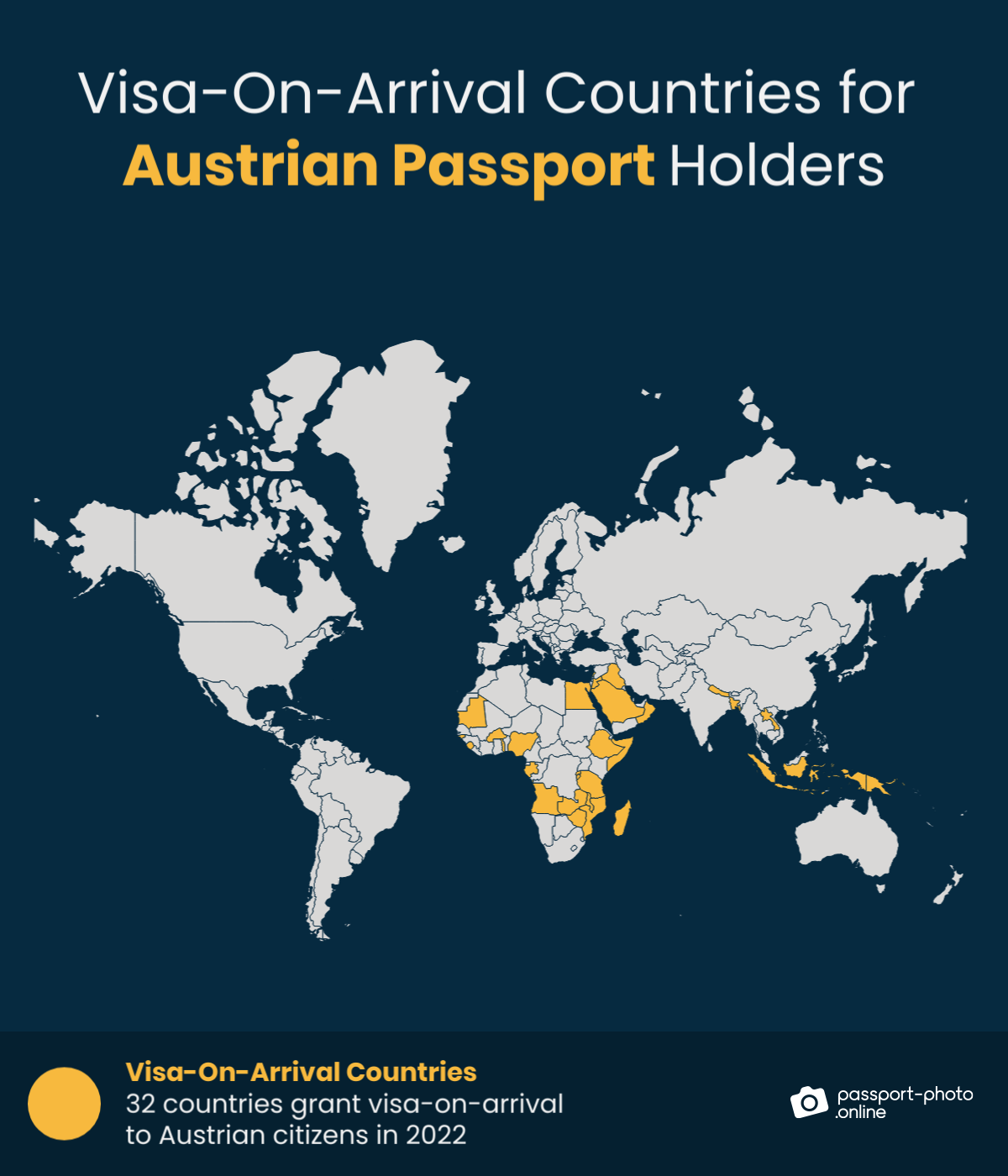 Map of countries Austrian citizens can visit with a visa on arrival