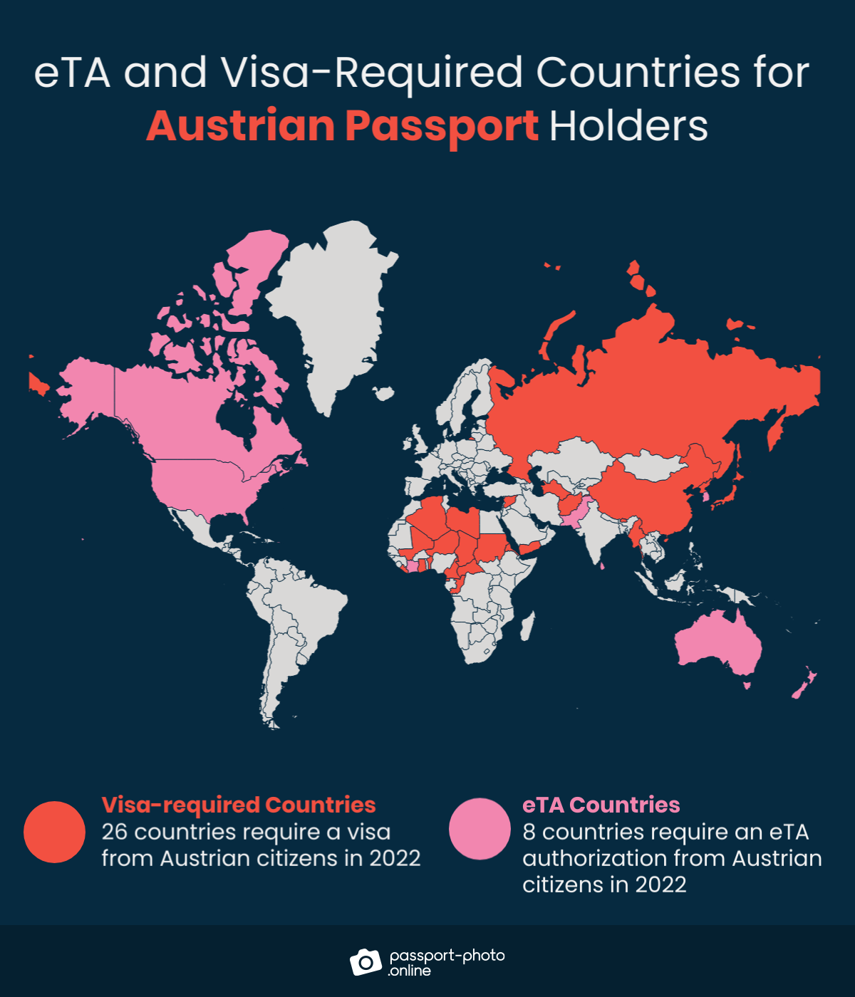 Map of countries Austrian citizens are required to have a visa or eTA to visit