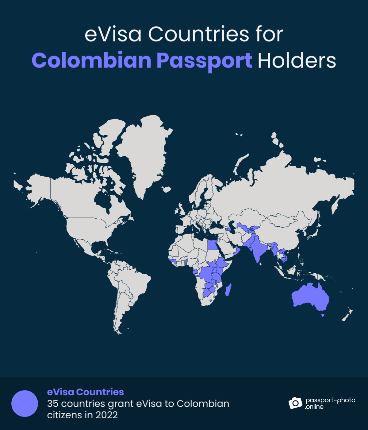 Map of countries Colombian citizens can visit with an eVisa