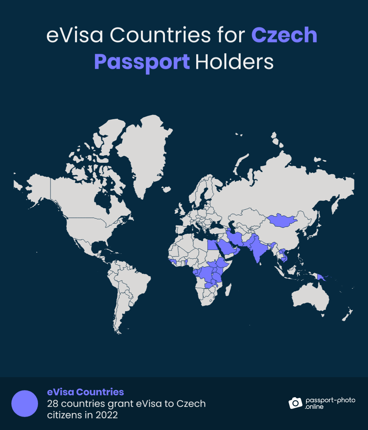 Map of countries Czech citizens can visit with an eVisa