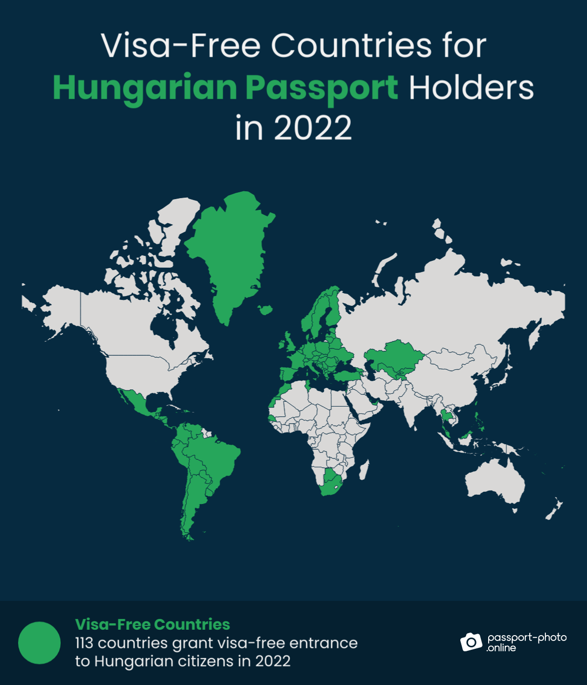 Map of countries Hungarian citizens can travel to visa-free