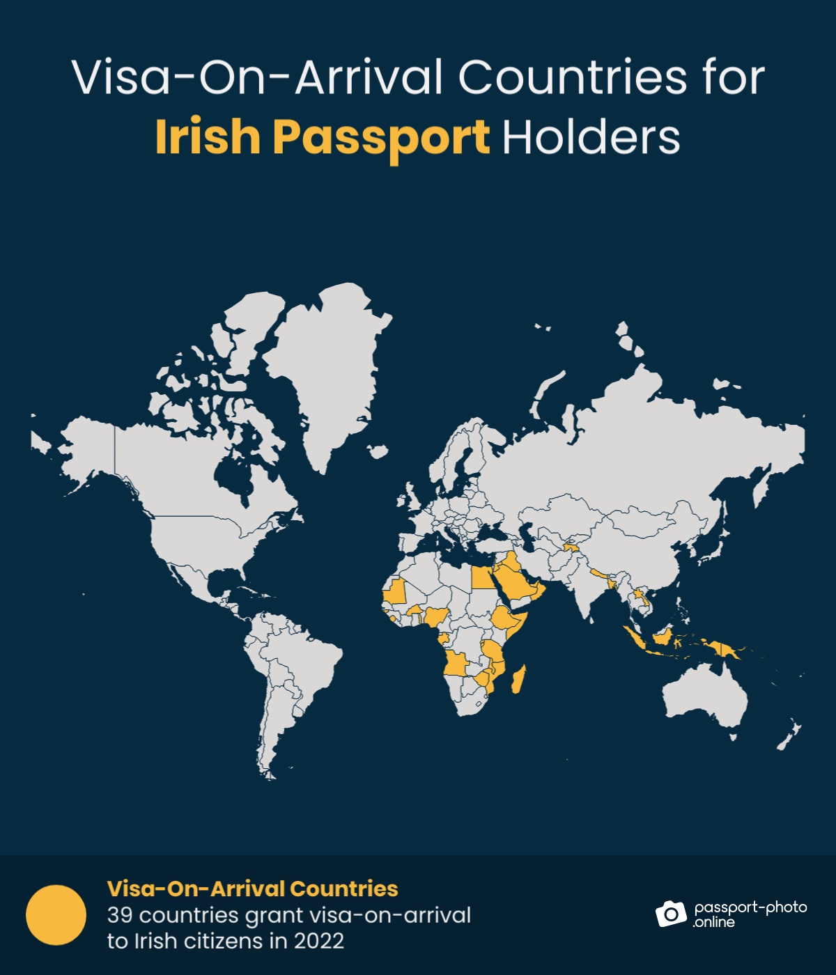 Map of countries Irish citizens can visit with a visa on arrival
