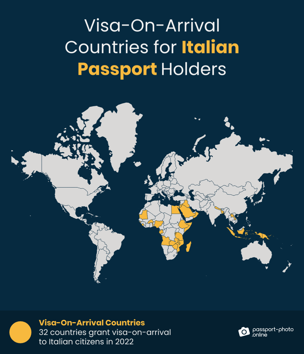 Map of countries Italian citizens can visit with a visa on arrival