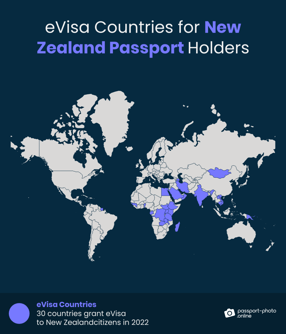 Map of countries New Zealand citizens can visit with an eVisa