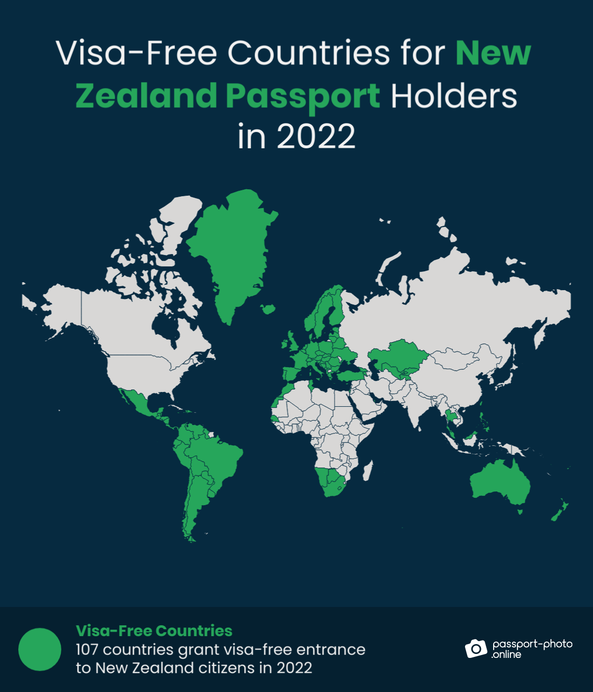 Map of countries New Zealand citizens can travel to visa-free