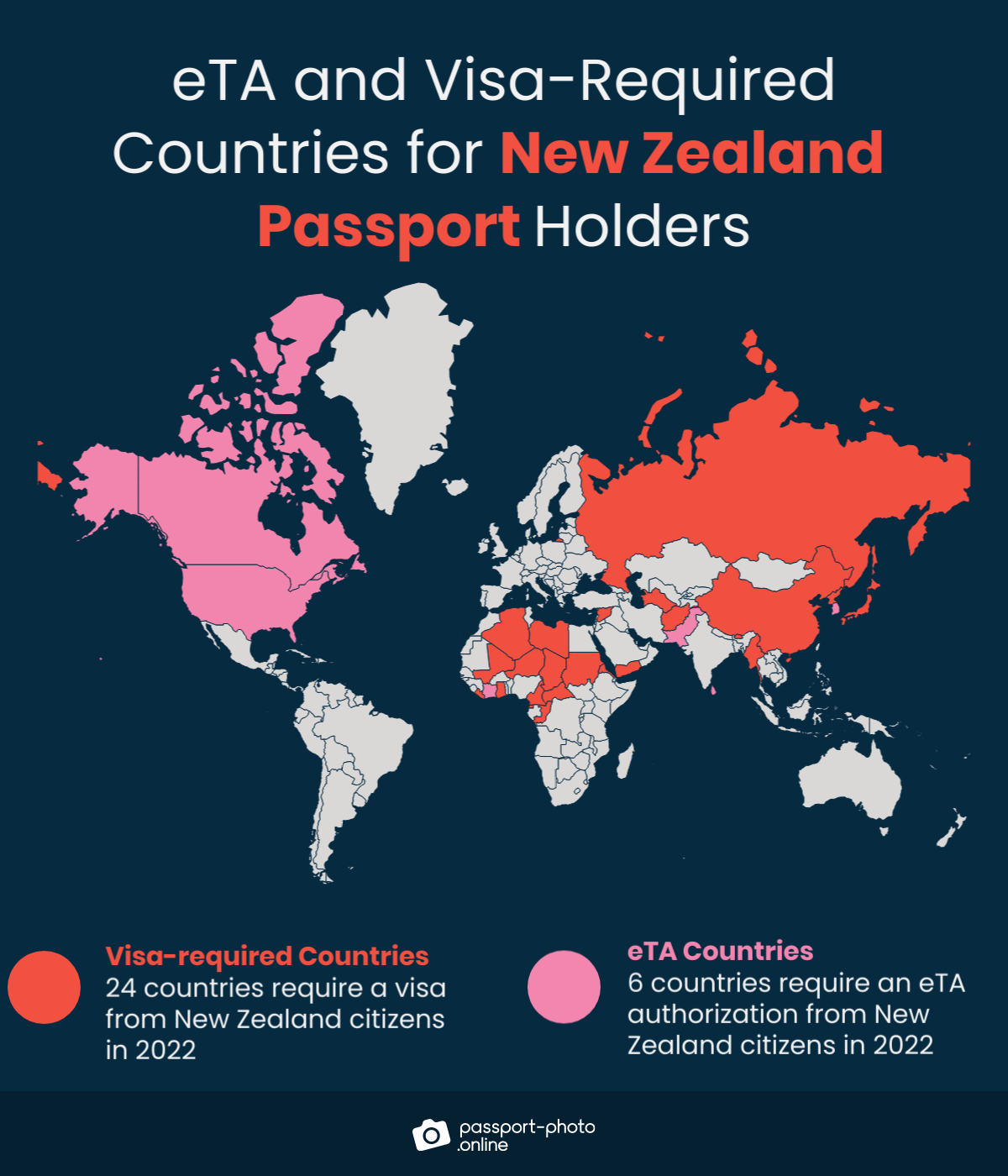 Map of countries New Zealand citizens are required to have a visa or eTA to visit