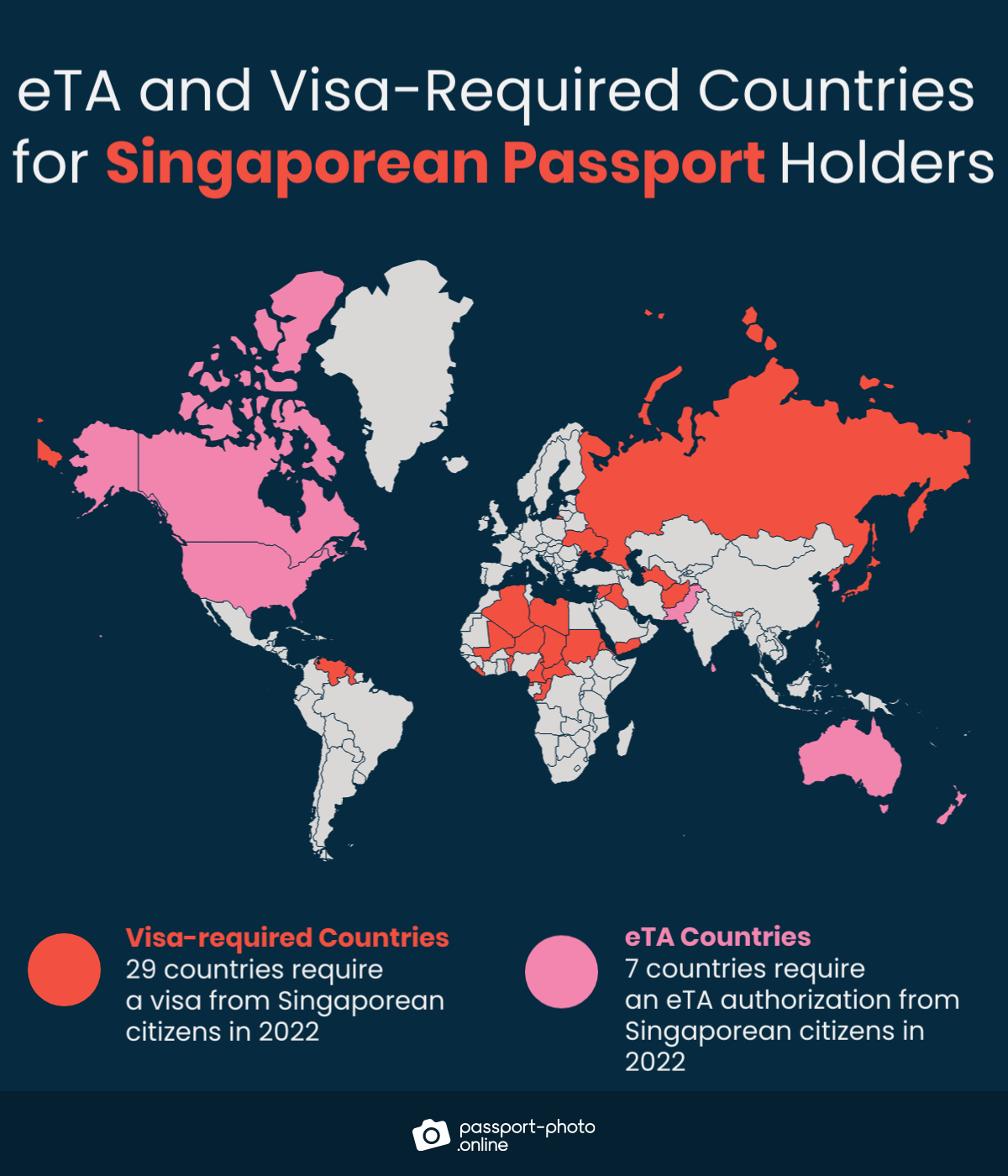 Map of countries Singaporean citizens are required to have a visa or eTA to visit