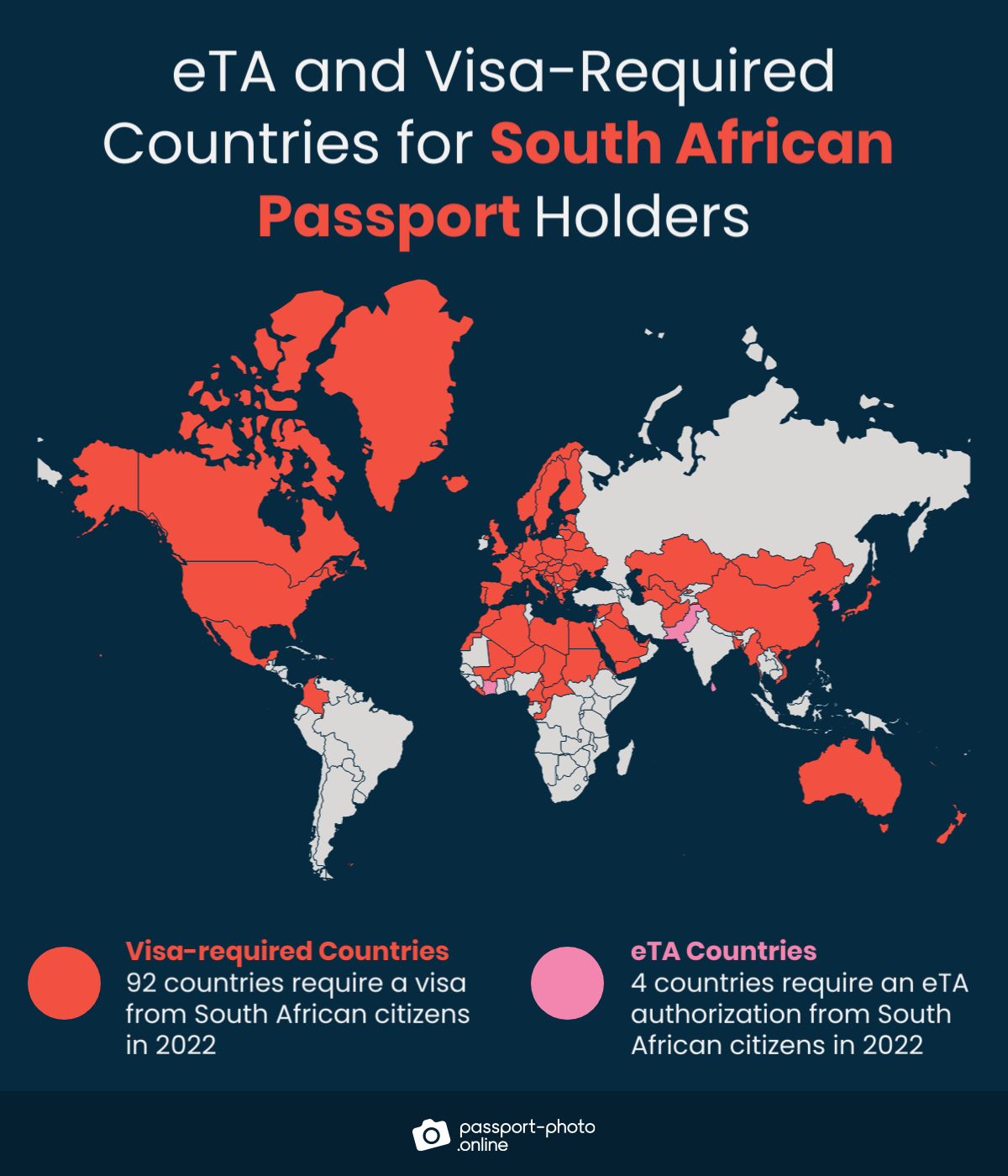Map of countries South African citizens are required to have a visa or eTA to visit