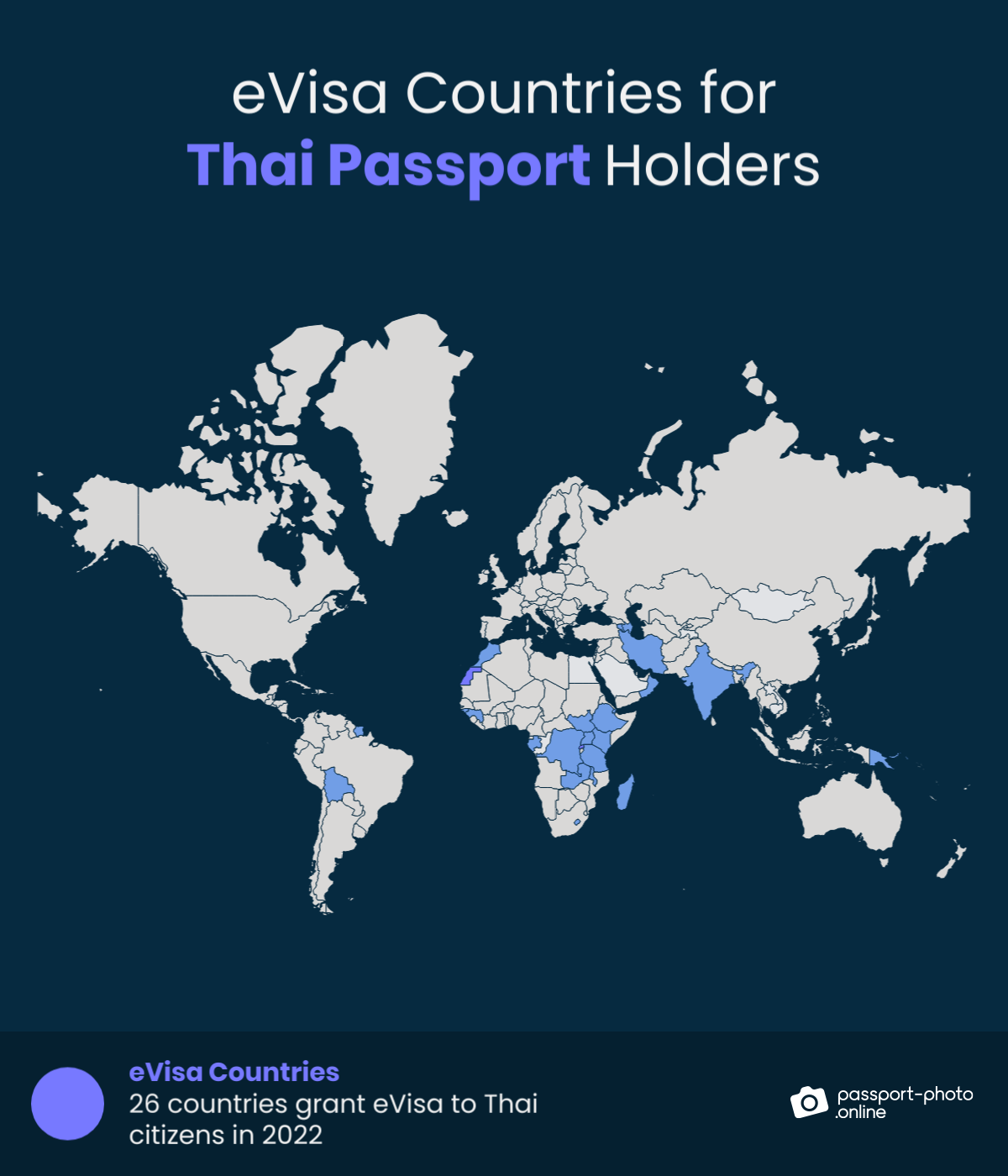 Map of countries Thai citizens can visit with an eVisa