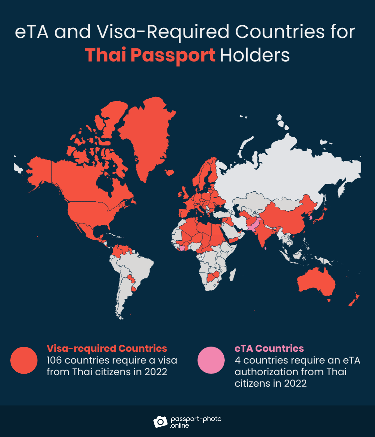 Map of countries Thai citizens are required to have a visa or eTA to visit