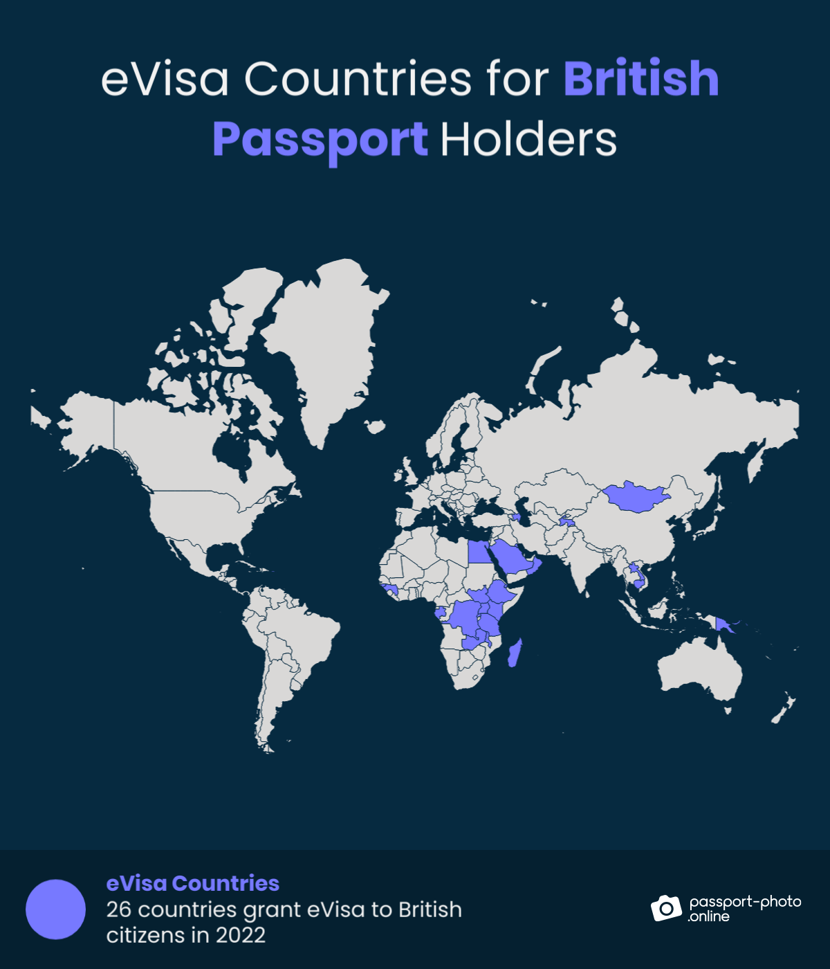 Map of countries British citizens can visit with an eVisa